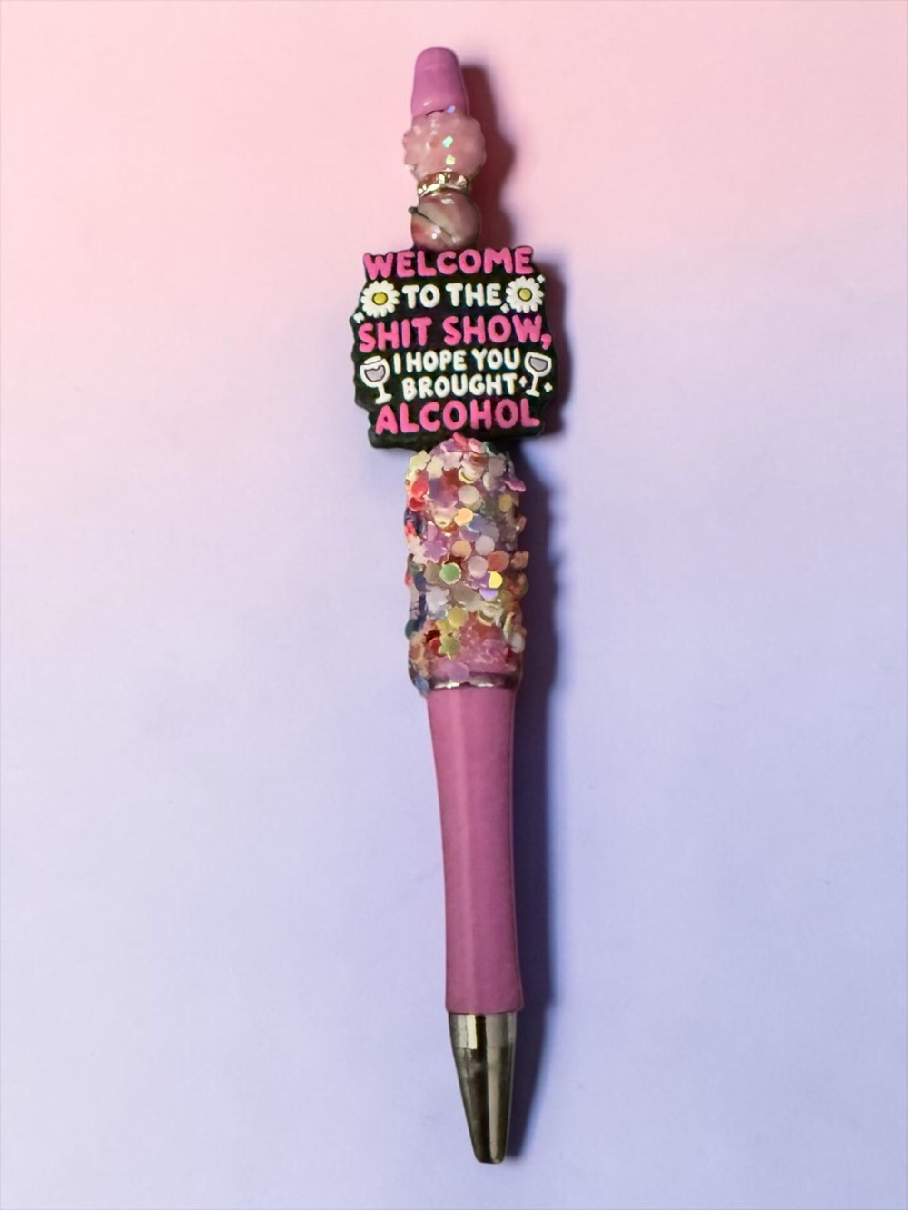 Pink Novelty Pen with Glitter and Humorous Topper